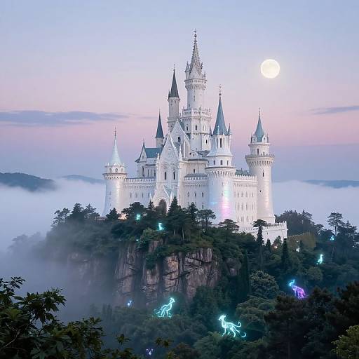 Photograph of a majestic, white, fairy-tale castle with multiple spires, illuminated by blue and purple lights, surrounded by misty forest and