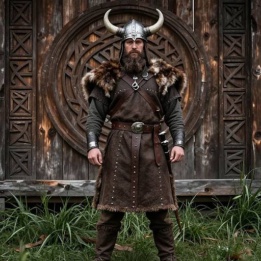 Bearded Viking Warrior with Norse Carvings
