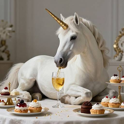 Photograph of a white unicorn with a golden horn, lounging on a table adorned with cupcakes and a glass of champagne.