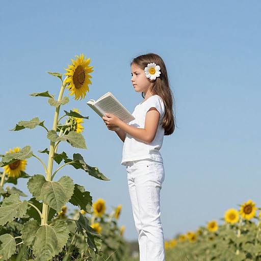 Photograph of a young girl with long brown hair, wearing a white outfit and sunflower hair clip, reading a book while standing among tall sunflowers