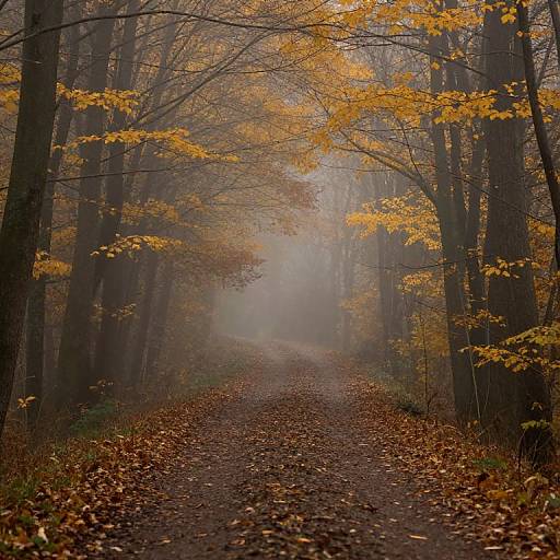 Photograph of a misty forest path lined with tall trees, their yellow and brown leaves creating a canopy over the dirt trail covered in fallen leaves.