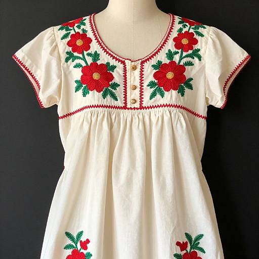 Photograph of a white, short-sleeved dress with red floral embroidery, green leaves, and red trim on shoulders and neckline, displayed on a