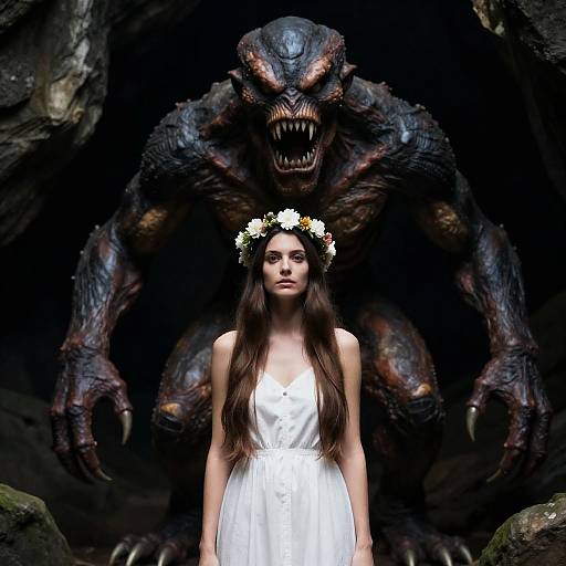 Serene Woman in Cave with Creature