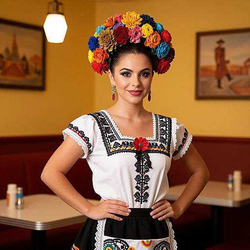 Photograph of a smiling woman with dark hair adorned in a vibrant flower crown, wearing a white and black traditional Mexican dress, standing confidently in a warmly