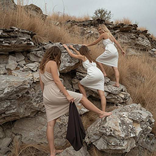 Three Women in a Rugged Landscape