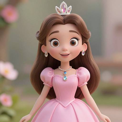 CGI image of a cute, wide-eyed princess with long brown hair, wearing a pink dress, tiara, earrings, and necklace, set in