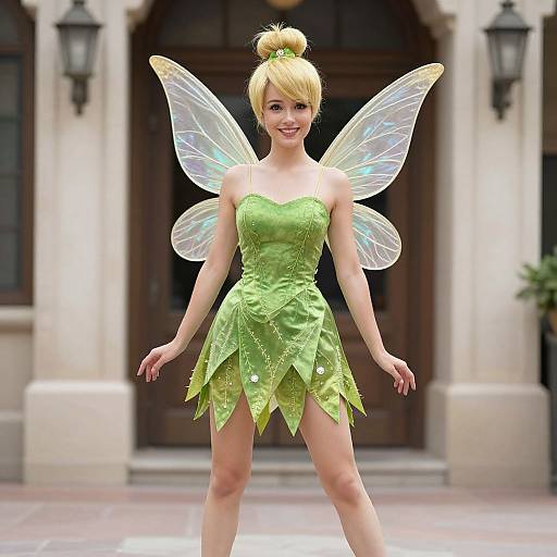 Blonde fairy with green dress and transparent wings stands smiling in front of a wooden door, illuminated by lanterns. CGI image.