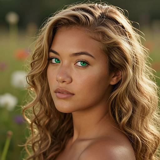 Photograph of a young woman with long, wavy blonde hair, green eyes, and sun-kissed skin, looking directly at the camera in