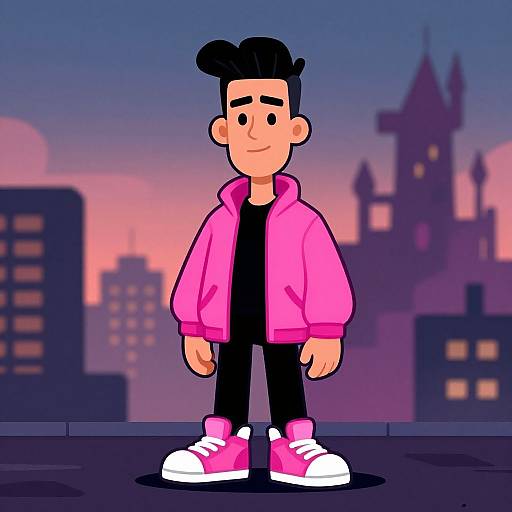 Cartoon-style drawing of a smiling boy with black hair, wearing a pink jacket, black shirt, black pants, and pink sneakers, standing on a