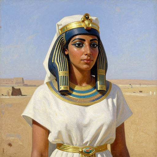 Digital painting of an Egyptian woman with dark skin, black and gold striped headdress, white dress, gold necklace, and headpiece, standing in a