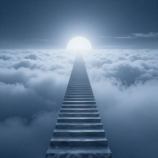 Photograph-like digital art of a steep, stone staircase ascending into a brilliant white light surrounded by fluffy, ethereal clouds.