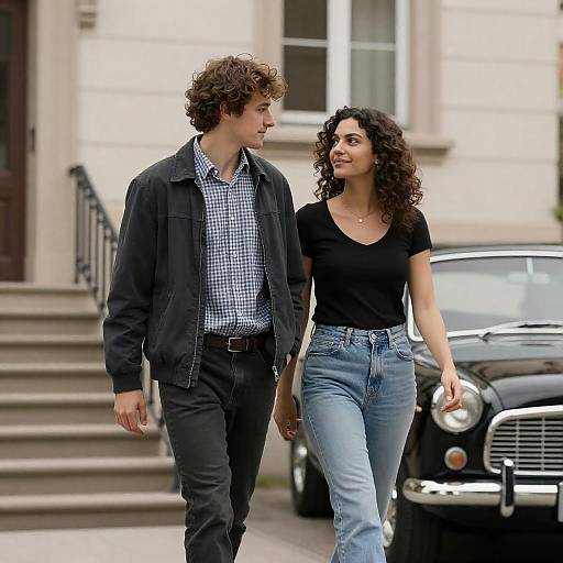Couple Walking by Classic Black Car