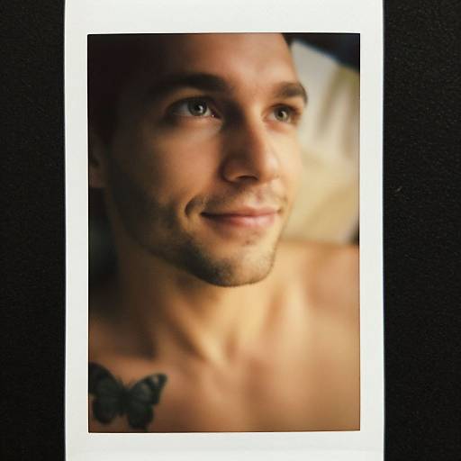 Close-up photograph of a smiling, shirtless man with short brown hair, light skin, and a butterfly tattoo on his left shoulder. Warm, soft
