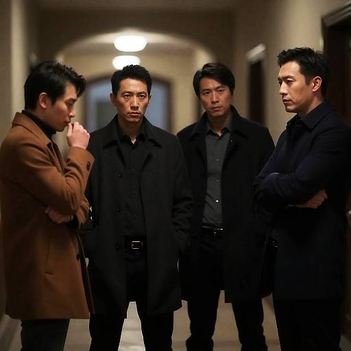 Mysterious Gathering in Dim Hallway