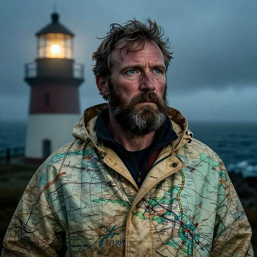 Photograph of a rugged, bearded man with blue eyes, wearing a weathered, map-printed jacket, standing in front of a glowing l