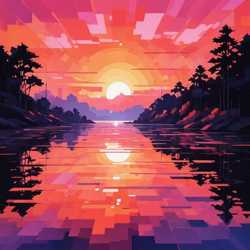 Vibrant Pixelated Impressionist Sunset Scene