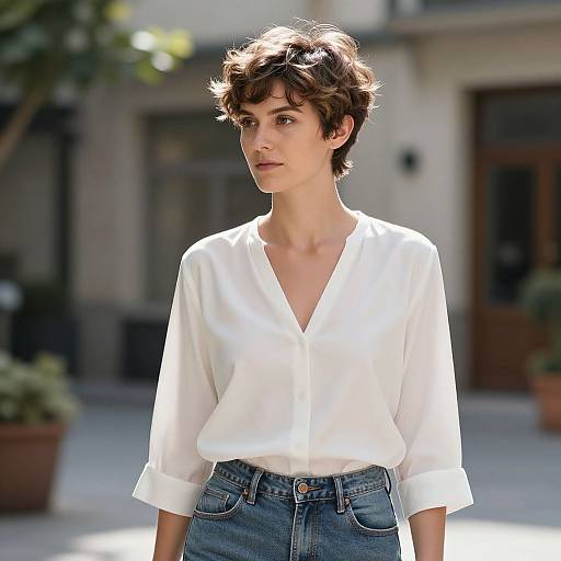 Photograph of a young woman with short, wavy brown hair, wearing a white V-neck blouse and high-waisted blue jeans, standing outdoors