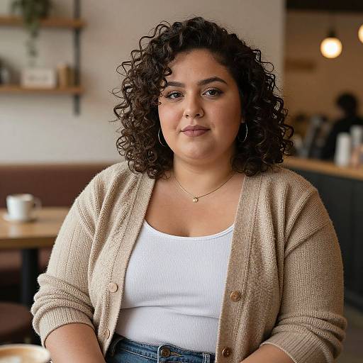 Photograph of a plus-size woman with curly brown hair, wearing a beige cardigan over a white ribbed tank top, seated in a cozy café