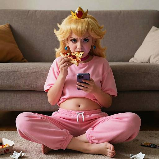 Casual Princess Peach Enjoying Pizza