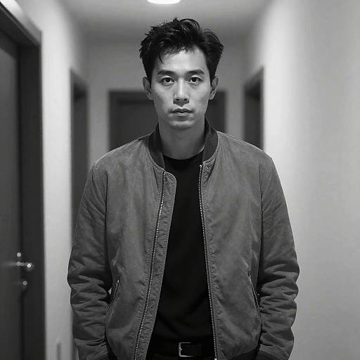 Monochrome photograph of an Asian man with short, messy hair, wearing a dark jacket over a black shirt, standing in a brightly lit, narrow corridor