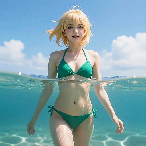 Partial Underwater Portrait of Woman in Green Bikini