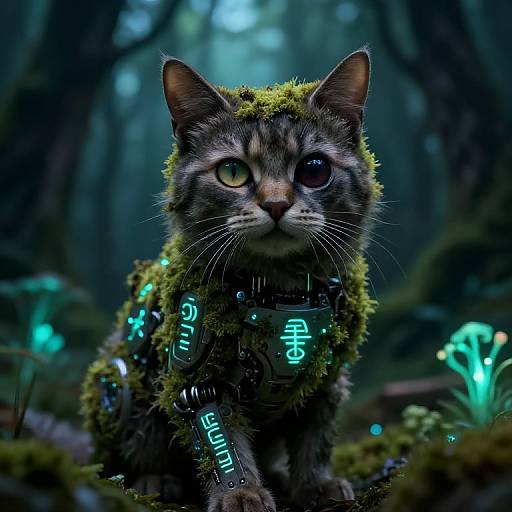 Digital artwork of a cat with heterochromatic eyes, wearing glowing cybernetic accessories and moss, in a dark, mystical forest.