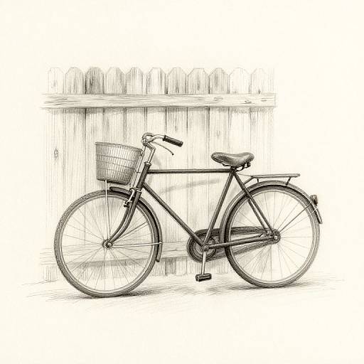 Black and white sketch of a classic bicycle with a wire basket on the front, standing against a simple, textured wall.