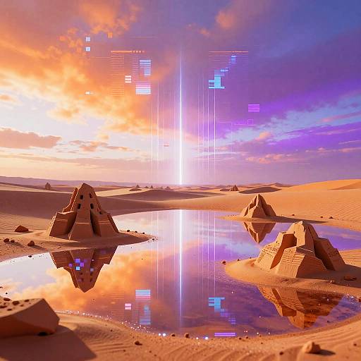 Digital art of a desert sunset with glowing, reflective water pools, sand pyramids, and pixelated light effects in vibrant orange, purple, and blue