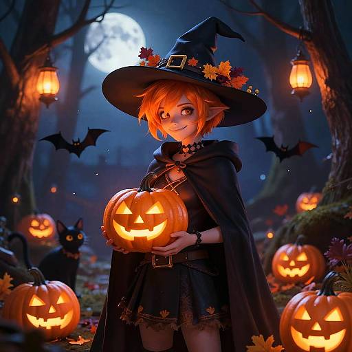 Whimsical Halloween Witch in Moonlit Forest