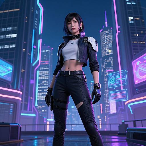 Digital art of a confident, black-haired woman in a neon-lit cyberpunk city, wearing a black jacket, white crop top, and black pants
