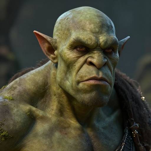 Photorealistic CGI of a grumpy, green-skinned orc with pointed ears, muscular build, and dark, rugged fur cloak in a dimly