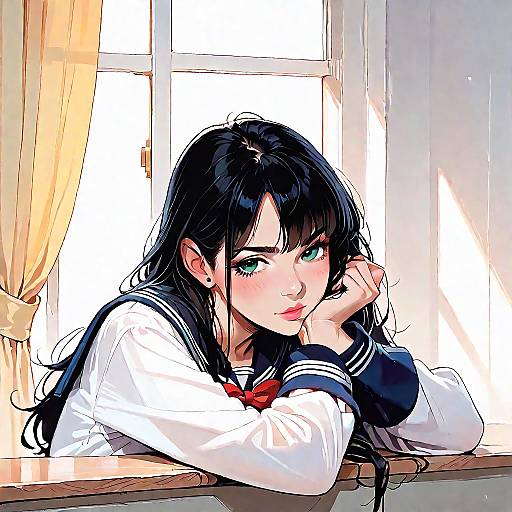 Digital anime-style drawing of a cute, black-haired girl with green eyes, wearing a white sailor school uniform, leaning on a window sill, with yellow