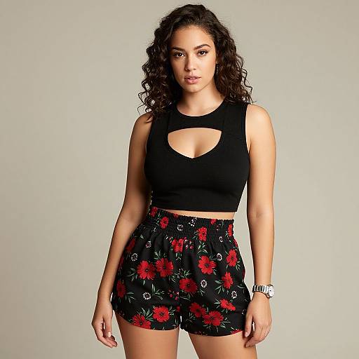 Photograph of a curly-haired woman with light brown skin, wearing a black crop top with a cutout and black floral shorts, standing against a plain