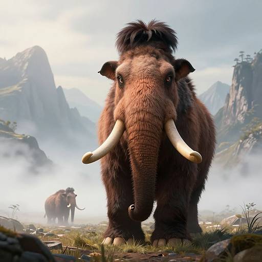 Photorealistic CGI of a large woolly mammoth with long tusks standing in a misty, mountainous valley with a smaller mammoth in