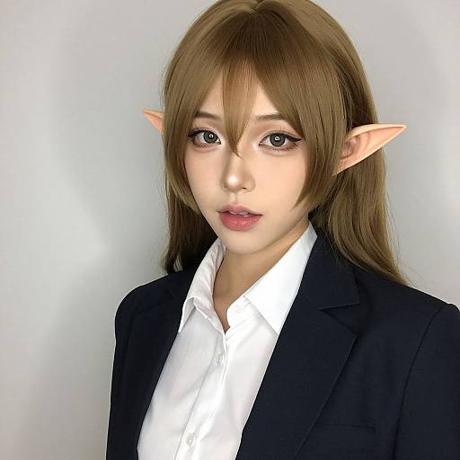 Photograph of an Asian woman with long brown hair, pointed elf ears, wearing a black blazer and white shirt, against a plain white background,