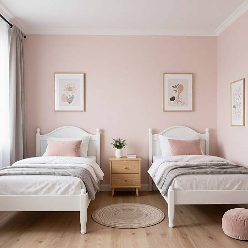 Photograph of a cozy, pastel pink-themed bedroom with two white twin beds, wooden nightstand, pink pillows, framed floral art, and a