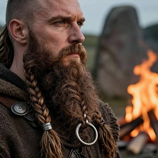 Photograph of a bearded Viking warrior with braided beard, wearing a dark wool cloak with metal rings, gazing at a campfire in a