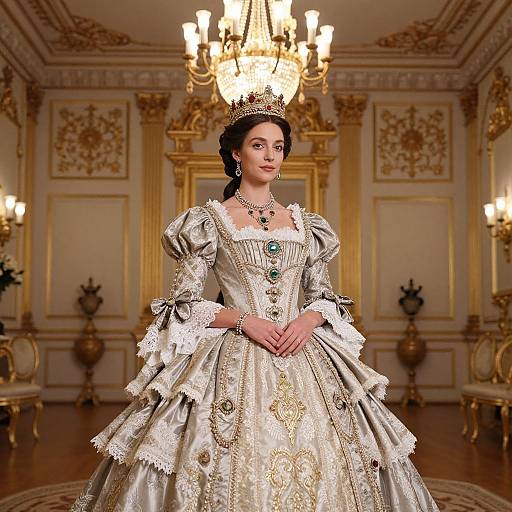 Photograph of a regal woman in an elaborate, gold-embroidered, 18th-century-style gown with puffed sleeves, tiara