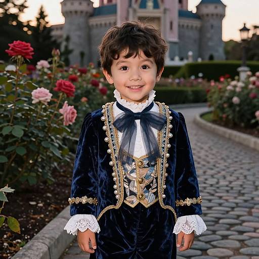Photograph of a smiling young boy in a dark velvet prince costume with gold trim, white lace, and blue ribbon, standing on a cobblestone