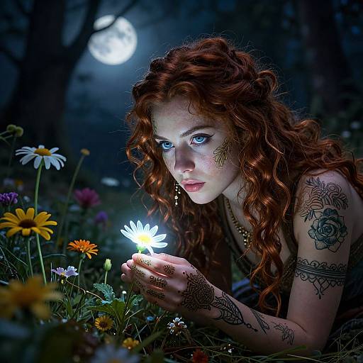 Photograph of a red-haired woman with blue eyes, intricate tattoos, and glowing flower, surrounded by colorful wildflowers under a moonlit forest.