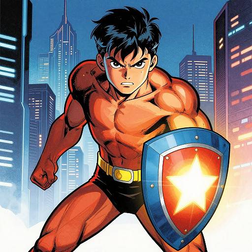 Muscular, shirtless superhero with black hair, red skin, and black shorts, holding a shield with a glowing star, in a neon-lit