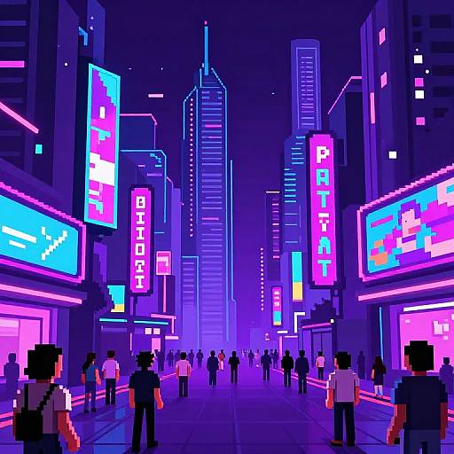 Pixel art of a neon-lit, futuristic city street at night, crowded with people, vibrant pink and blue signs, towering skyscrapers.