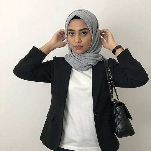 Young Woman Adjusting Gray Hijab