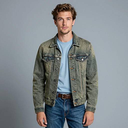 Young Man in Olive Green Denim Jacket and Blue Jeans