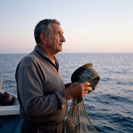 Photograph of an elderly man with gray hair, wearing a brown shirt, holding a fishing net and hat, standing on a boat at sunset with the