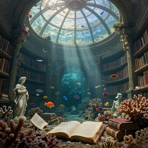 Photograph of an underwater library with a grand dome ceiling, sunbeams filtering through, colorful fish, coral, a statue, and open books on