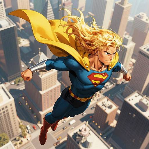 Blond Superhero Soaring Over City