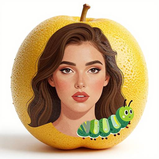 Digital artwork of a fair-skinned woman with brown hair and red lipstick, head inside a yellow lemon, with a green caterpillar on her chin.