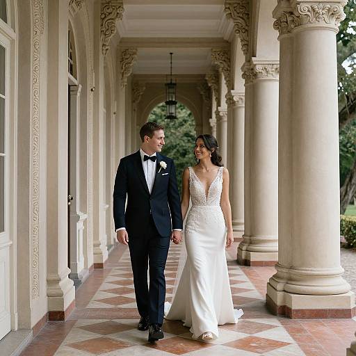 Photograph of a bride in a white, lace-sleeve gown and groom in a black tuxedo, walking hand-in-hand down a decorated