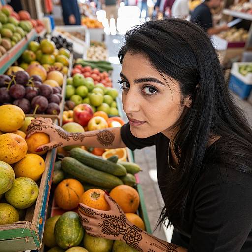 Photograph of a dark-haired woman with intricate henna designs on her hands, smiling while selecting colorful fruits in a bustling market stall.